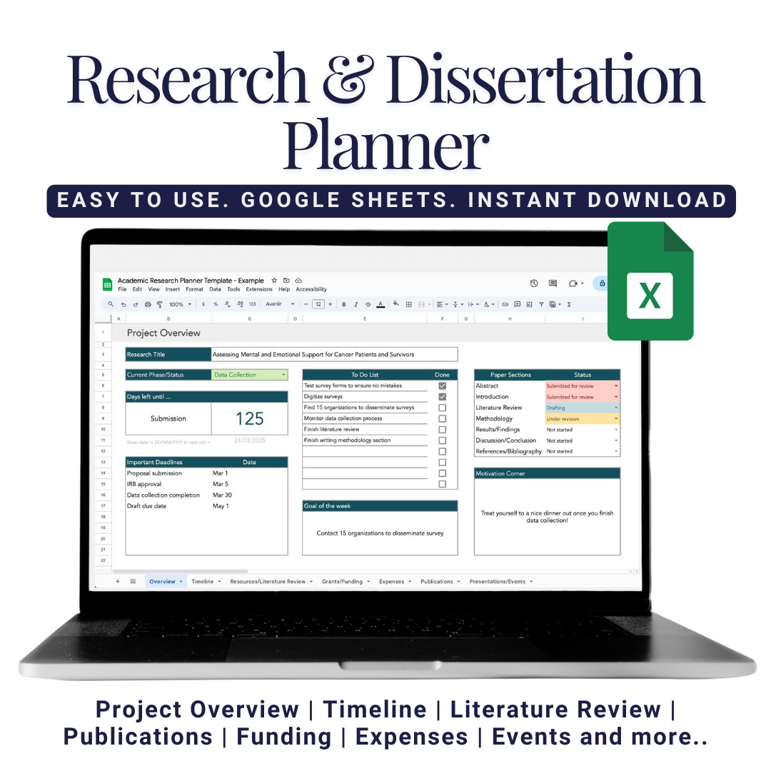 Research & Dissertation Planner Google Sheets Template, Academic Research Organizer PhD Planner Research Publications Literature Reviews