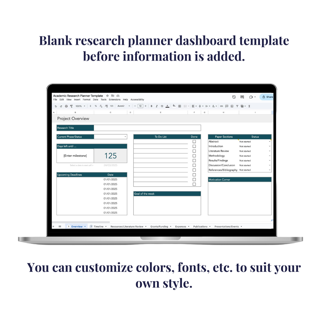 Research & Dissertation Planner Google Sheets Template, Academic Research Organizer PhD Planner Research Publications Literature Reviews