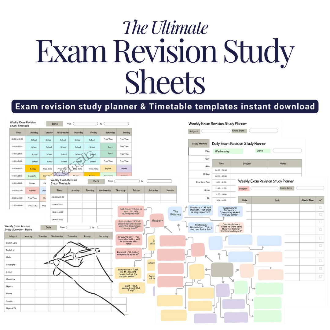 Exam Revision Study Sheets | Daily & Weekly Planner Templates | Timetable + Mind Map | Printable PDF | Google Sheets I GCSE A-Level Study