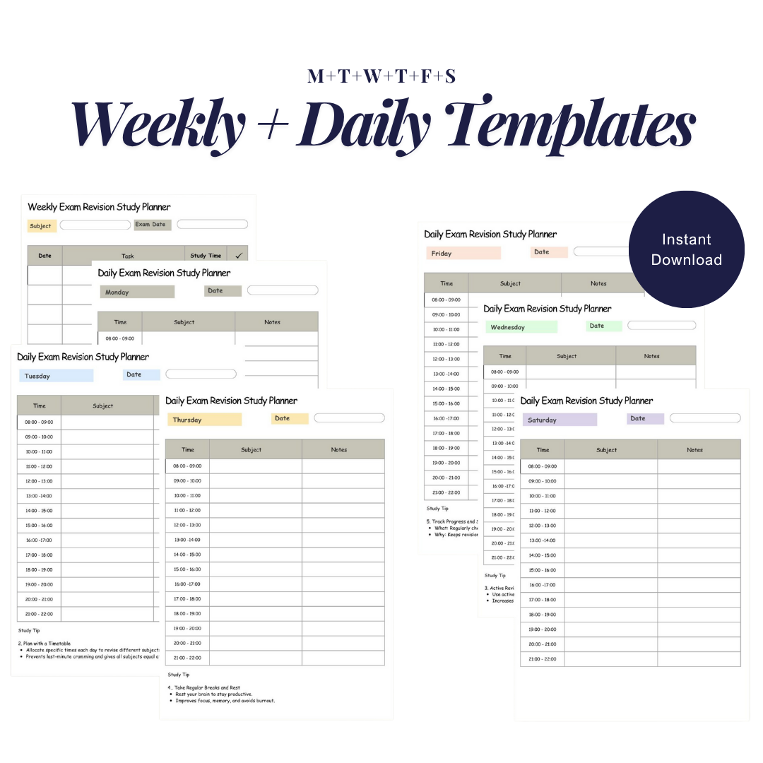 Exam Revision Study Sheets | Daily & Weekly Planner Templates | Timetable + Mind Map | Printable PDF | Google Sheets I GCSE A-Level Study