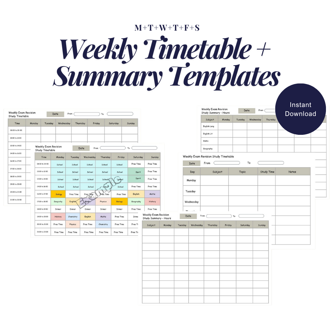 Exam Revision Study Sheets | Daily & Weekly Planner Templates | Timetable + Mind Map | Printable PDF | Google Sheets I GCSE A-Level Study
