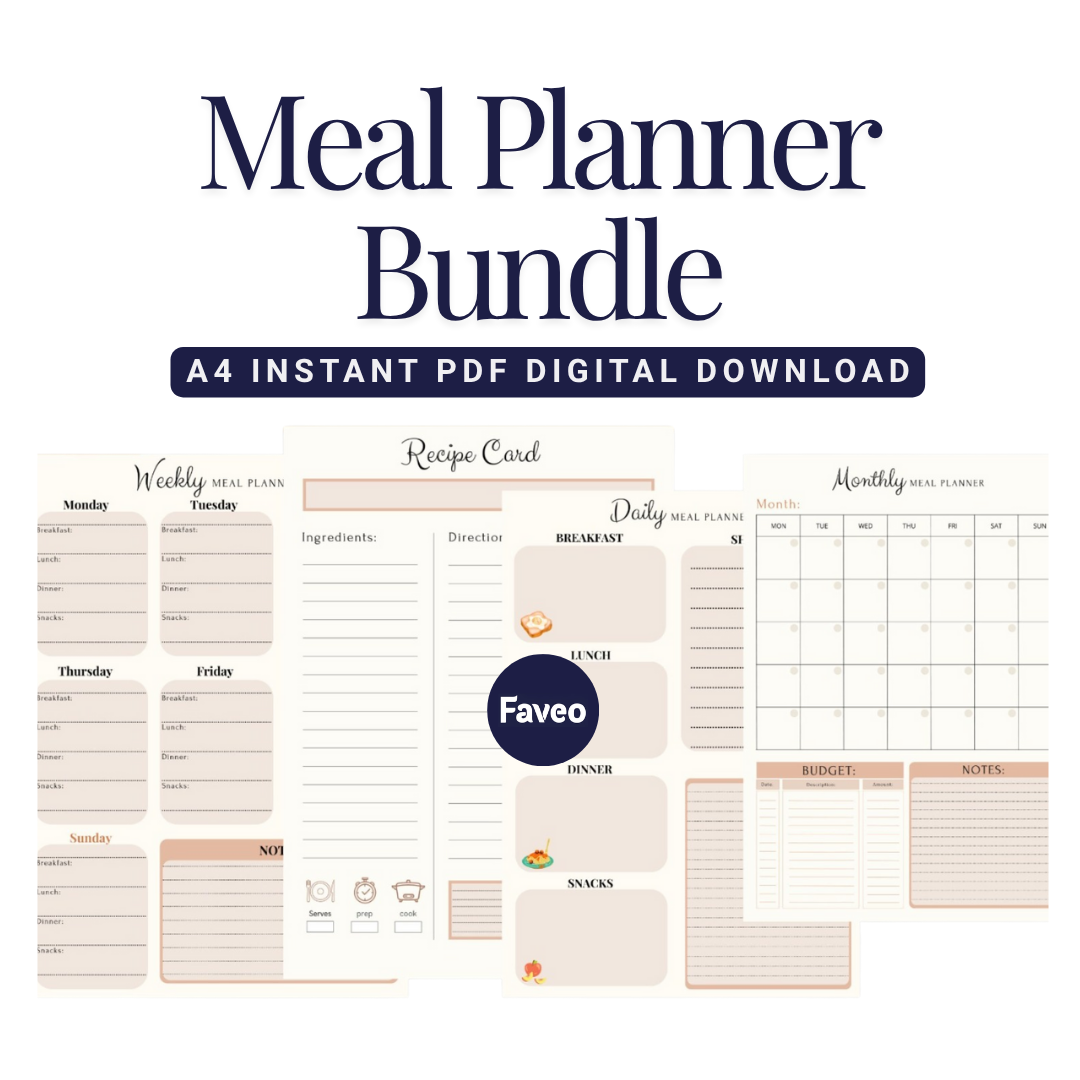 Meal Planner Digital Printable PDF BUNDLE, Weekly food diary, monthly meal planner, daily food diary, budget planner, grocery shopping list