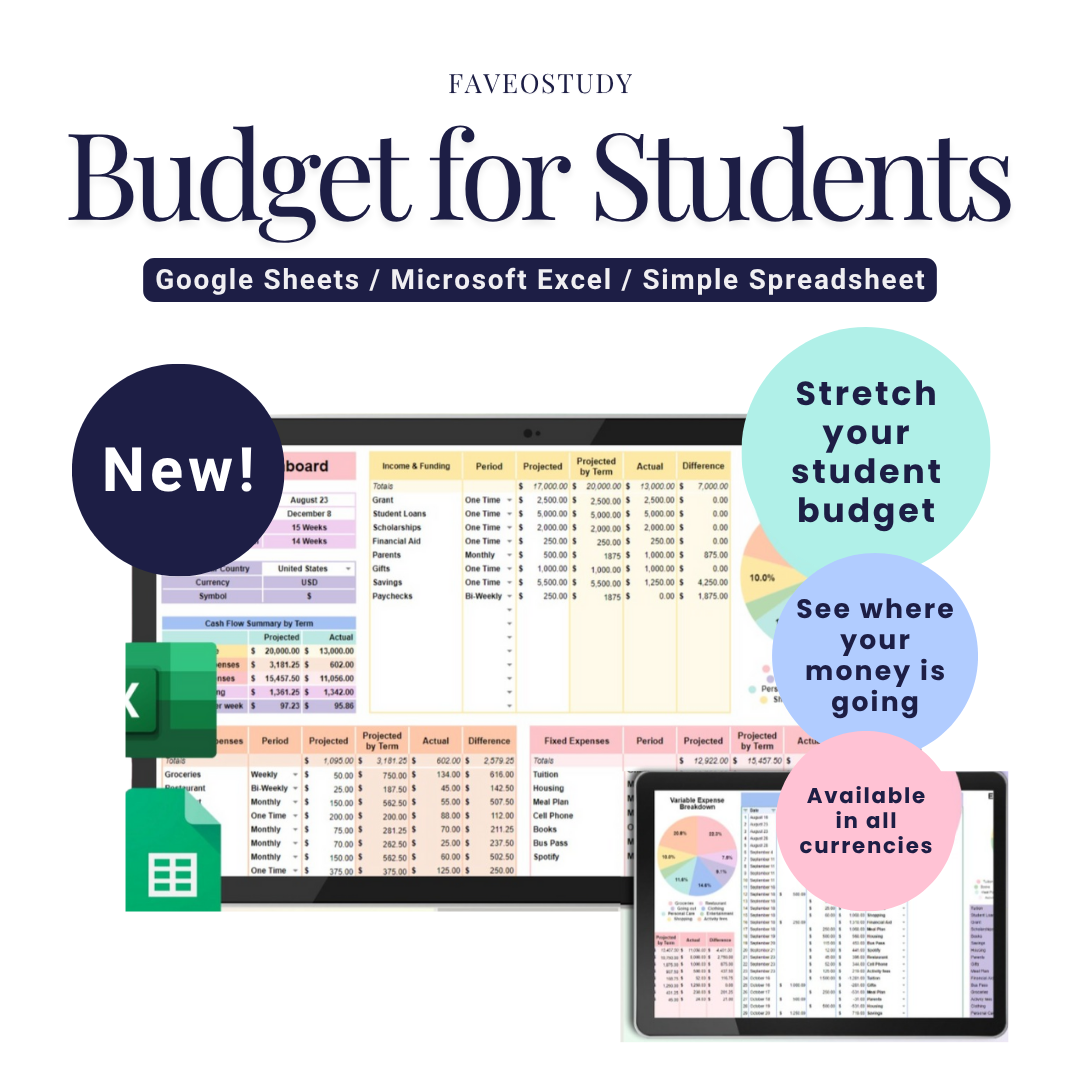 Budget for Students Spreadsheet Google Sheets Excel Template Digital Academic Financial Planner College University Finance Tracker Worksheet